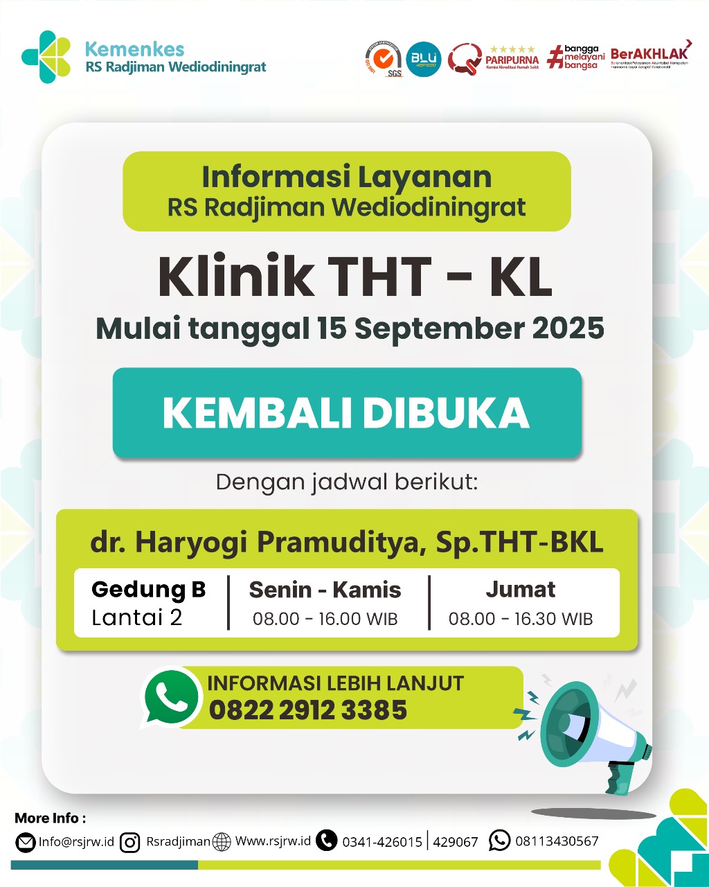 INFORMASI LAYANAN KLINIK THT - KL KEMBALI DIBUKA MULAI TANGGAL 15 SEPTEMBER 2025