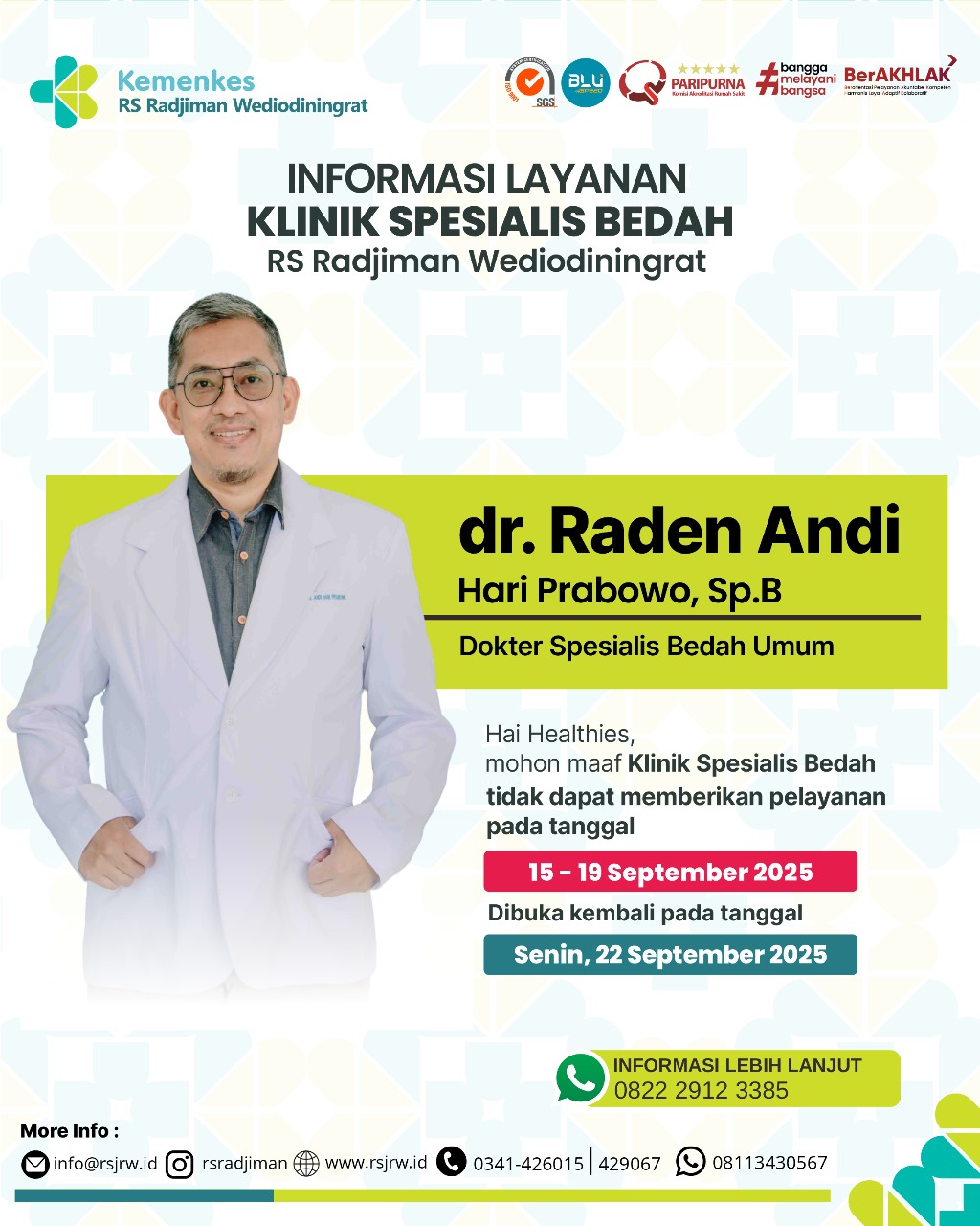 INFORMASI LIBUR LAYANAN KLINIK SPESIALIS BEDAH TANGGAL 15- 19 SEPTEMBER 2025